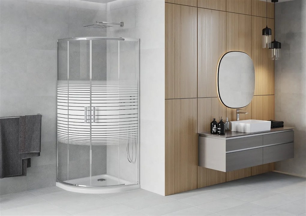 Mexen Rio, štvrťkruhový sprchovací kút s posuvnými dverami 70 x 70 cm, 6mm číre/pásy sklo, chrómový profil + biela sprchová vanička, 863-070-070-01-20-4110