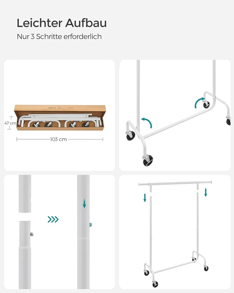 SONGMICS mobilný vešiak na oblečenie, vysúvacia šatníková tyč, max. 130 kg nosnosť, matná biela