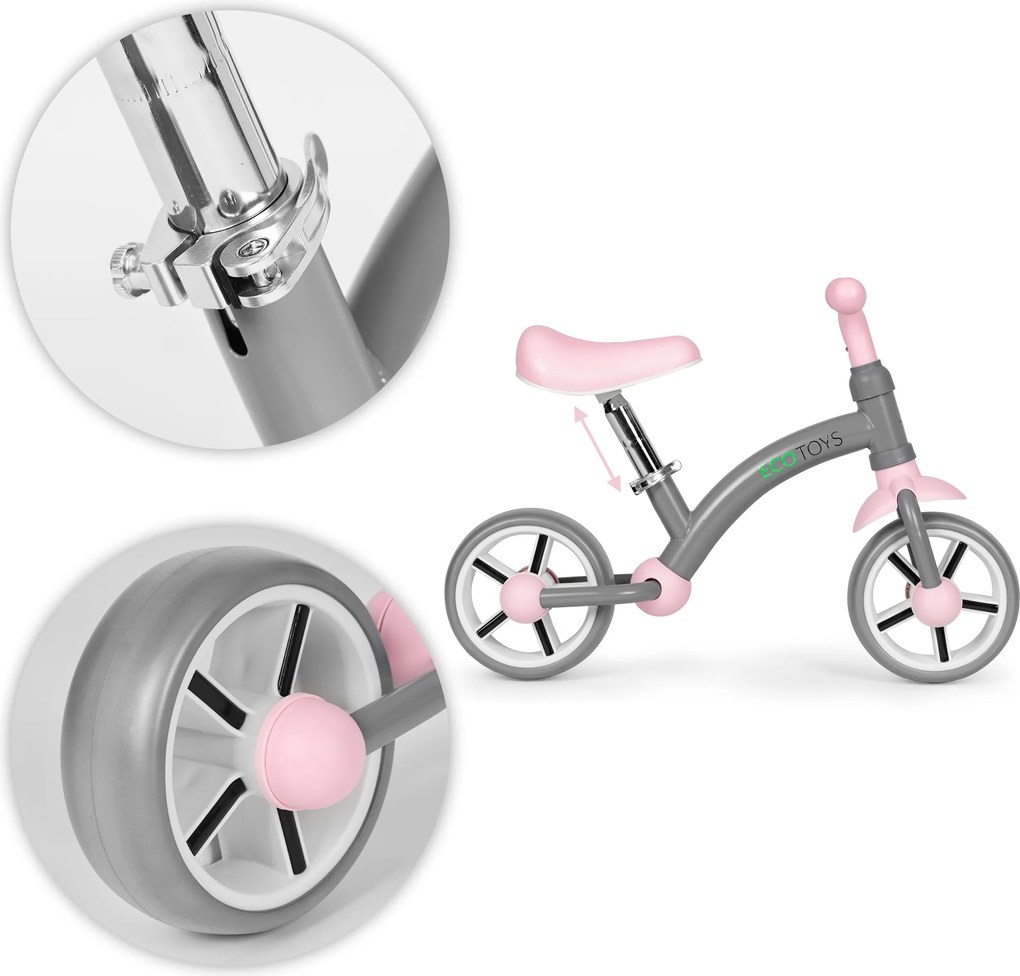 ECOTOYS odrážadlo pre deti 3+ EVA kolesá, nastaviteľné sedadlo 33–41 cm, sivé