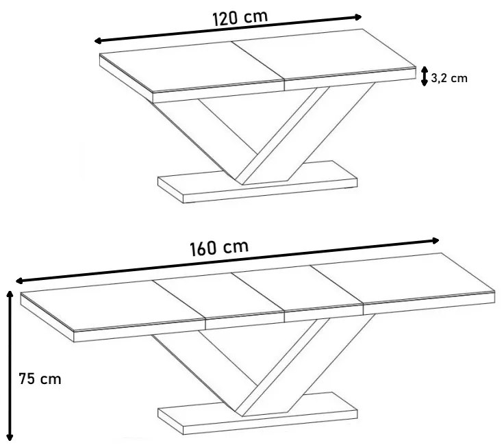 Rozkladací stôl MASIV, 120-160x75x80, biely/betón