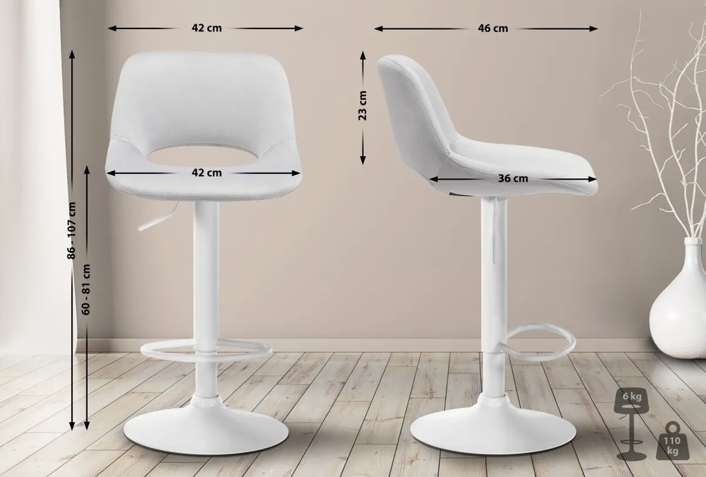 2x Barová stolička Camden - zamat, biely rám Svetlo sivá