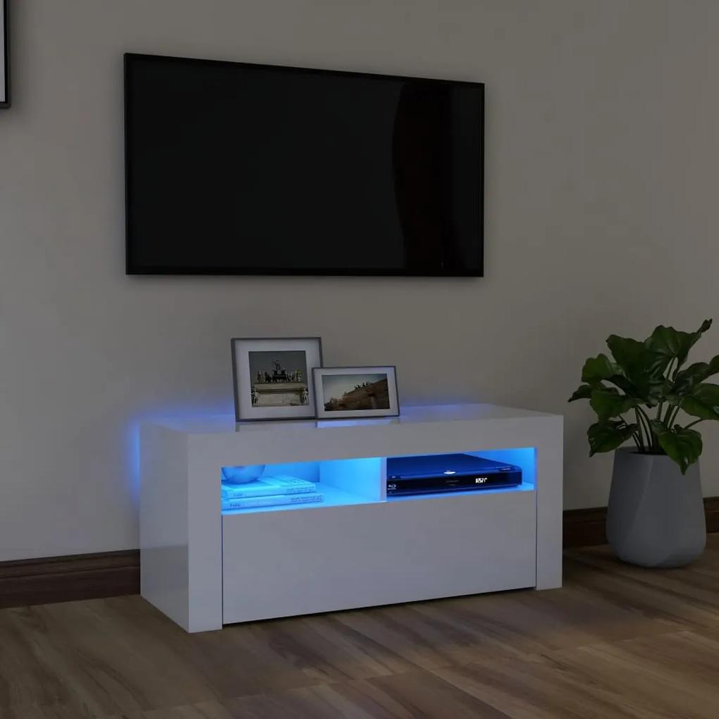TV skrinka s LED svetlami lesklá biela 90x35x40 cm