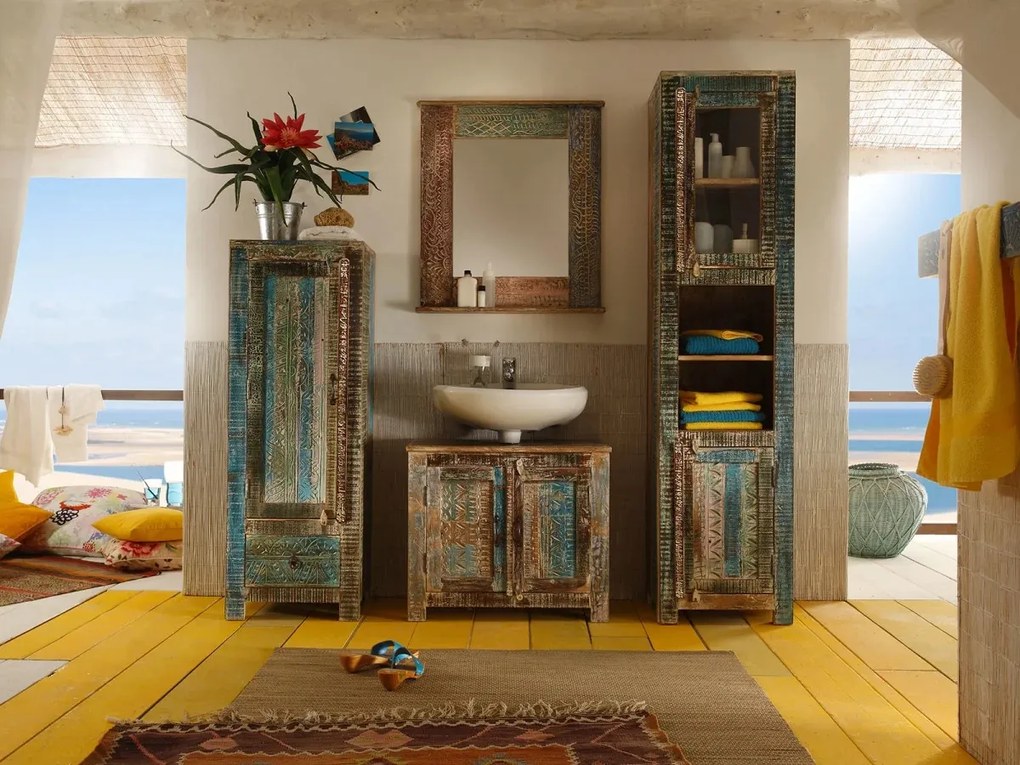 furniture-nabytek.cz - Masivní koupelnová vysoká skříňka Blue Lagoon z mangového dřeva, lakovaná, barevná – 45×40×188 cm