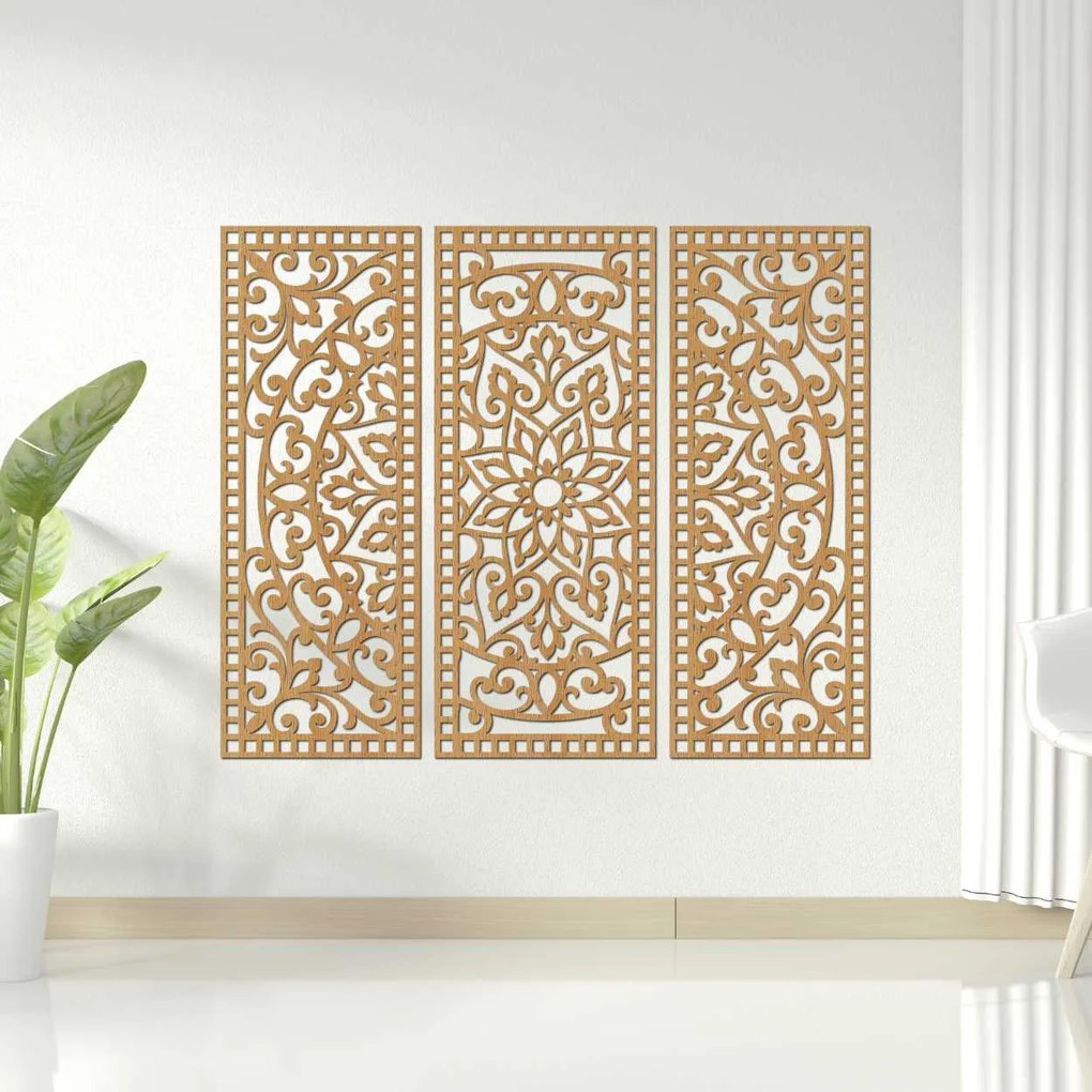 SENTOP | Kvetinová mandala z dreva – boho 3‑dielny oibraz na stenu | SENTOP HDF0514-A-akcia20