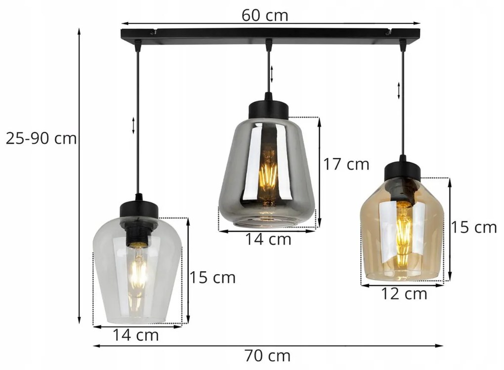 Závesné svietidlo RIJEKA 3, 3x sklenené tienidlo (mix 3 farieb)