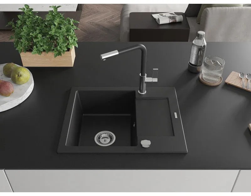 Mexen Enzo, 1-komorový granitový drez 576x465x174 mm a drezová batéria Flora, čierna, 6506-77-670401-07