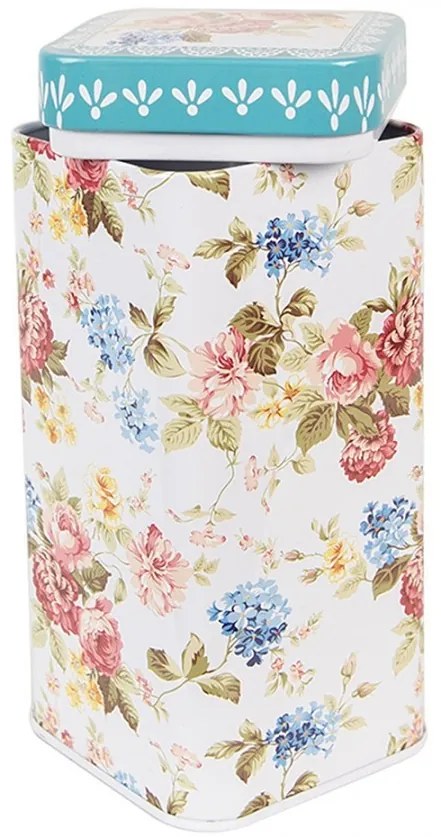 Biela plechová dóza s vekom a kvetmi - 7*7*15 cm