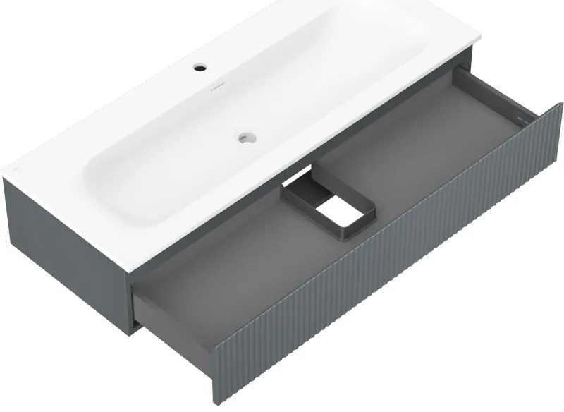 Mexen Rivel, kúpeľňová skrinka 120 cm s umývadlom Vela, 1 zásuvka, drážkovaná, grafitová matná/biela matná, 91A20-12023-1-BF66-W23M0