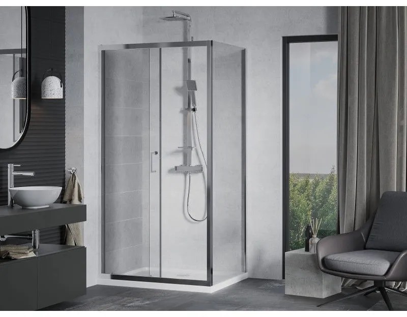 Mexen Apia, sprchový kút s posuvnými dverami 100 (dvere) x 90 (stena) cm, 6mm číre sklo, chrómový profil + slim sprchová vanička 5cm, 840-100-090-01-00-4010