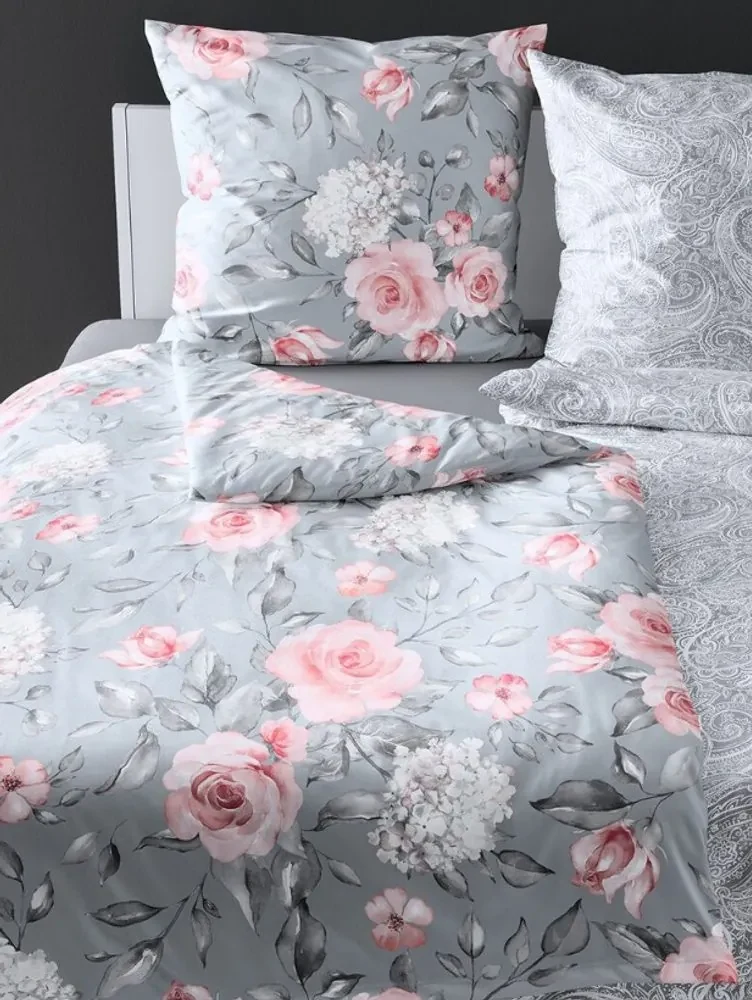 Bierbaum obliečka bavlnený satén 3676 Grey Roses - 140x220 / 70x90 cm