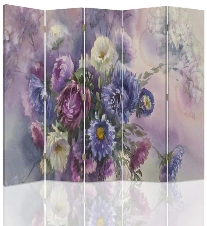 Ozdobný paraván, Fialová kytice květin - 180x170 cm, päťdielny, klasický paraván