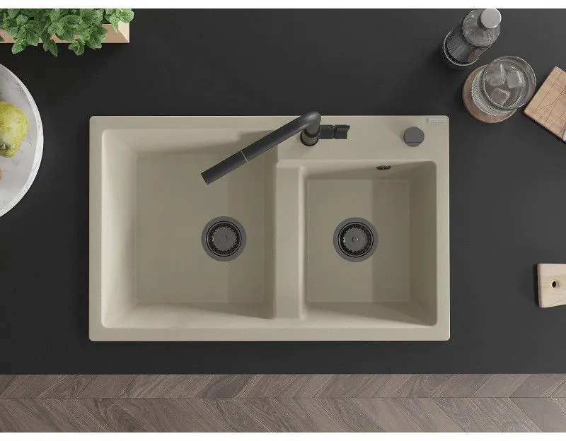 Mexen Tomas, 2-komorový granitový drez 800x500x190 mm a drezová batéria Flora, béžová, 6516-69-670401-70-B