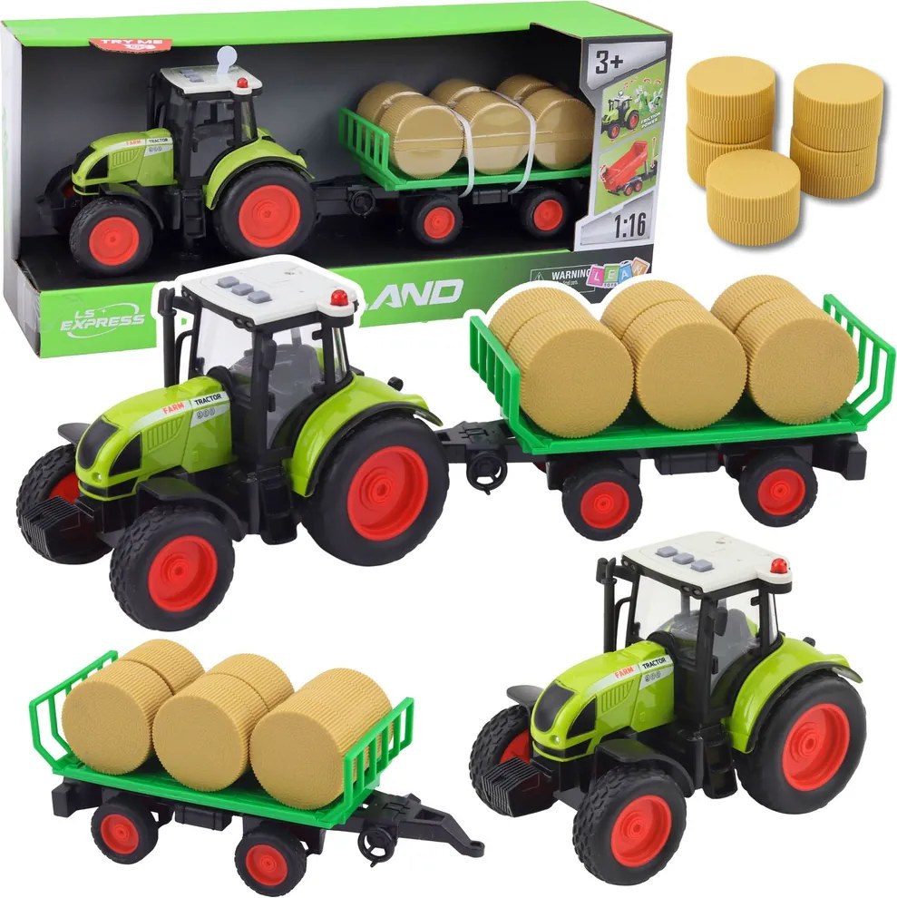 LEAN Toys Poľnohospodársky traktor Poľnohospodársky príves Balíky sena Zelená 1:16