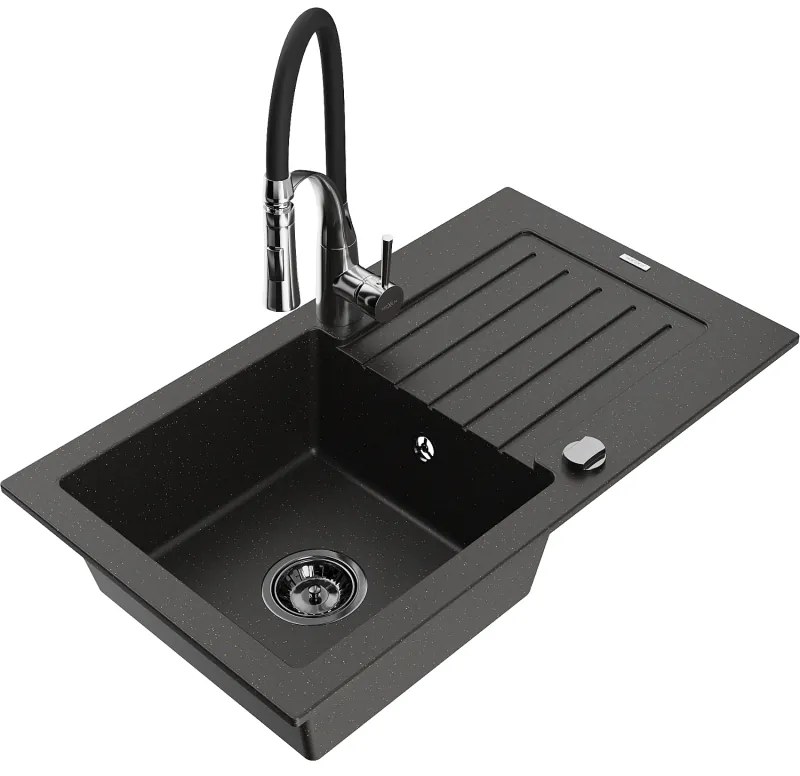 Mexen Pablo, 1-komorový granitový drez 752x436x161 mm a drezová batéria Aster, čierna-zlatá metalíza, 6510-75-73450-07-B