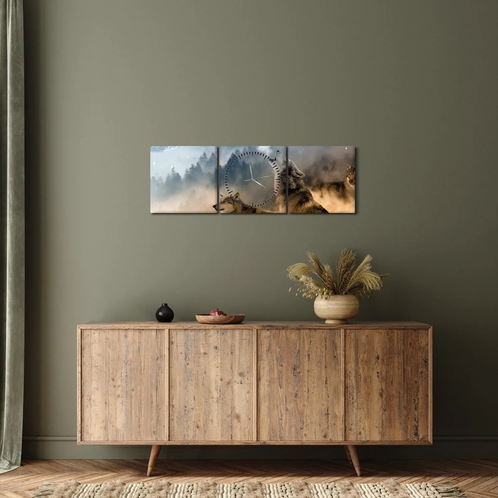 Obraz - vlci vyjúci na mesiac (s hodinami) (90x30 cm)