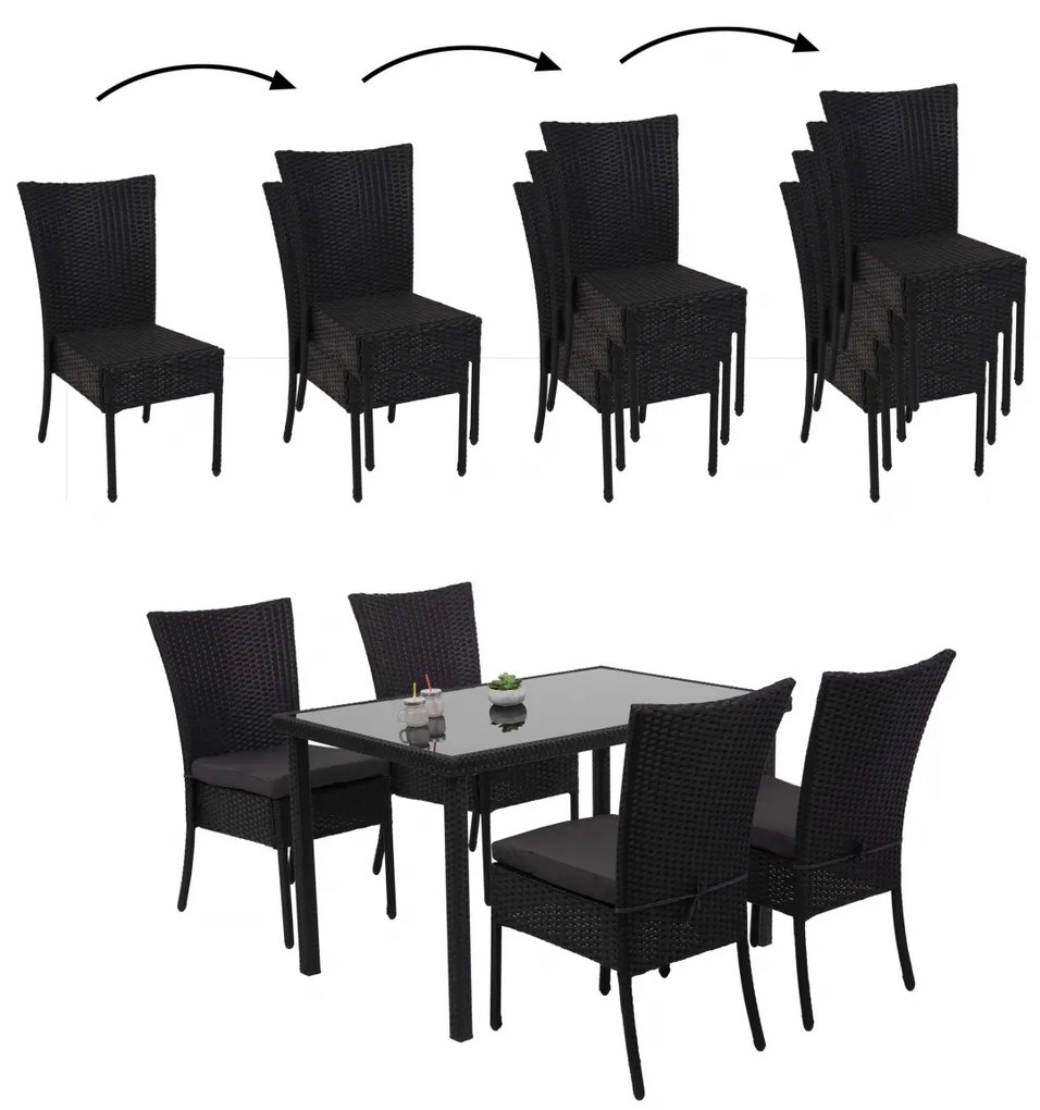 Záhradna jedálenská súprava 4x Stolička a stola HWC-G19, polyratan, 120x75cm - čierna, vankúše tmavosivá