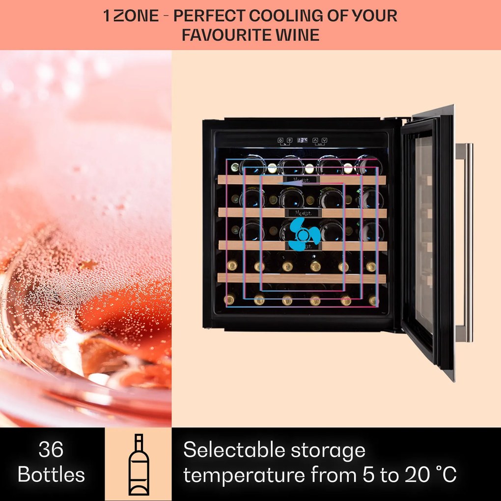 Klarstein Vinsider 36 Built-In Uno, vstavaná vinotéka, 92 l, 36 fliaš, nehrdzavejúca oceľ