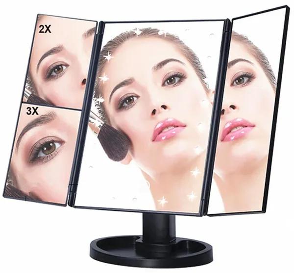 BEZDOTEKU Třípanelové kozmetické make-up zrkadlo s led osvetlením čierné zväčšovacie Čierna