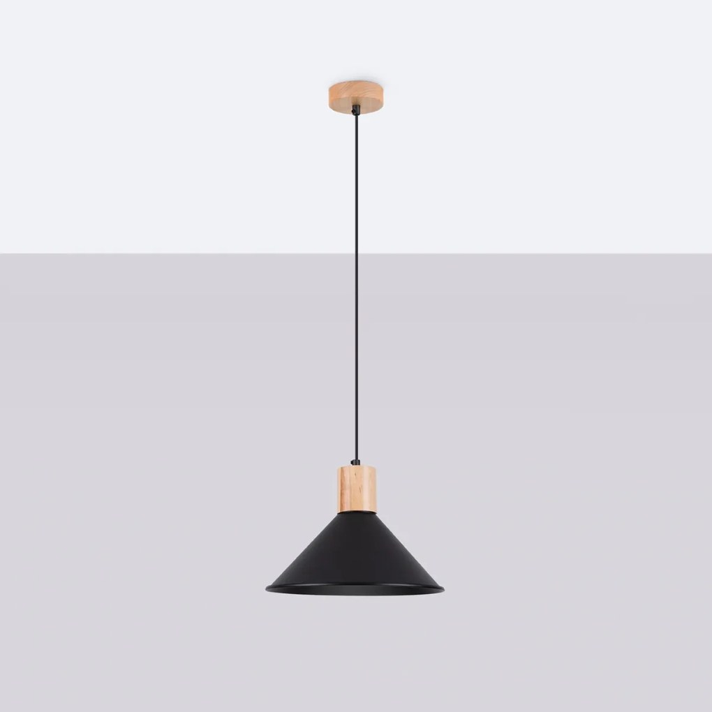 Závesné svietidlo Jaga, 1x čierne kovové tienidlo, drevo