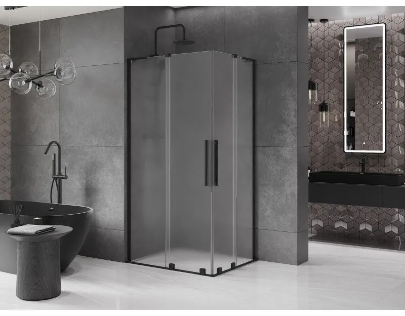 Mexen Velar L Duo, sprchový kút s posuvnými dverami 90 x 80 cm, 8mm sklo námraza, čierna matná, 871-090-080-02-33-70