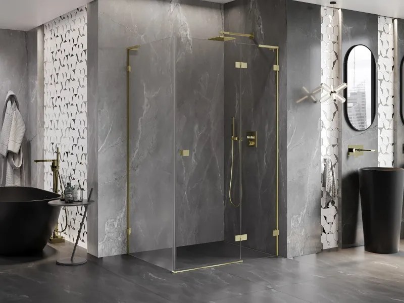Mexen Lunar L, pravý výklopný sprchový kút 75 x 90 cm, 8mm číre sklo, zlatý matný profil, 834L-075-090-55-00-P