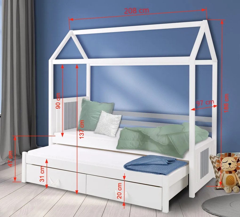 Detská domčeková posteľ z masívu borovice JONAS s prístelkou a zásuvkami - 200x90 cm - biela/sivá