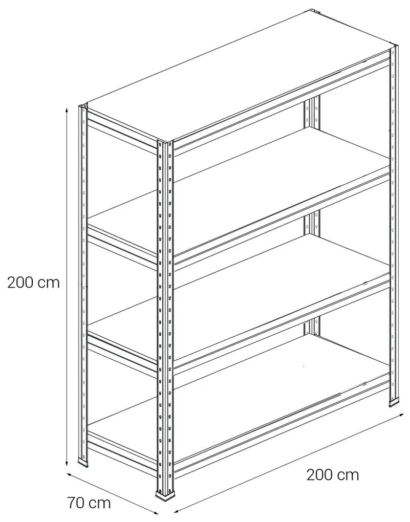 Kovový regál BULLRACK RIVET, 200x200x60 cm, 4x DTD polica, 450 kg na policu, zinok