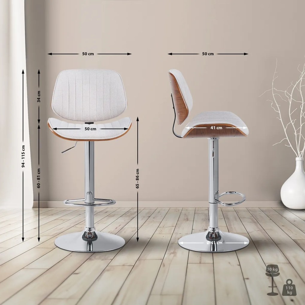 Barová stolička Clawson - látka, chróm rám - orech/krém