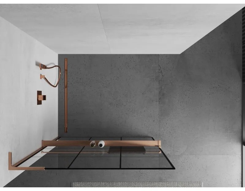 Mexen Kioto+ L, sprchová zástena Walk-In s poličkou a vešiakom 110 x 200 cm, 8mm číre sklo čierny vzor, medený matný profil, 800-110-123-65-77