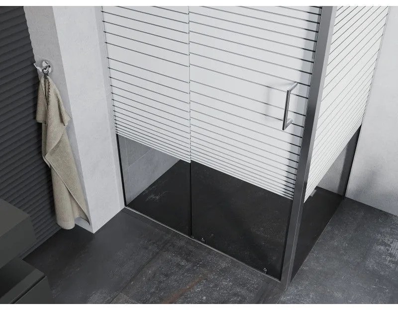 Mexen Apia, sprchový kút s posuvnými dverami 135 (dvere) x 70 (stena) cm, 6mm číre sklo s pásikmi, chrómový profil, 840-135-070-01-20