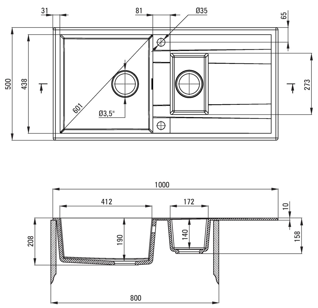 Deante Eridan, granitový drez na dosku 1000x500x208 mm Z/O, 3,5" + priestorovo úsporný sifón, 1,5-komorový, antracitová metalíza, ZQE_T513