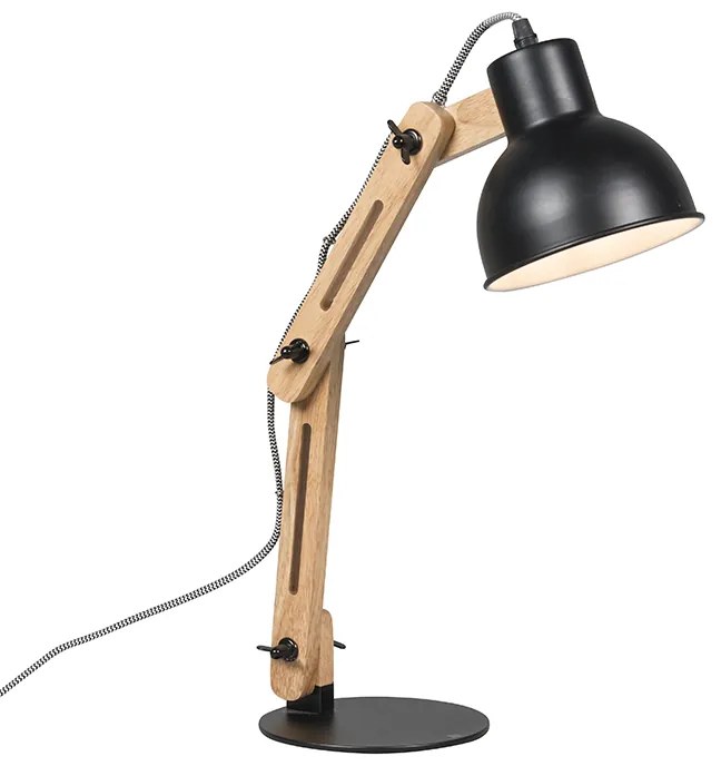 Priemyselná stolná lampa čierna s drevom - Woodi