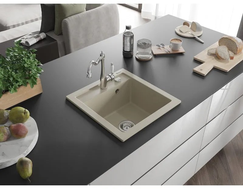 Mexen Vito, granitový drez 490x520x210 mm, 1-komorový a drezová batéria Carla, béžová, 6503-69-670700-00