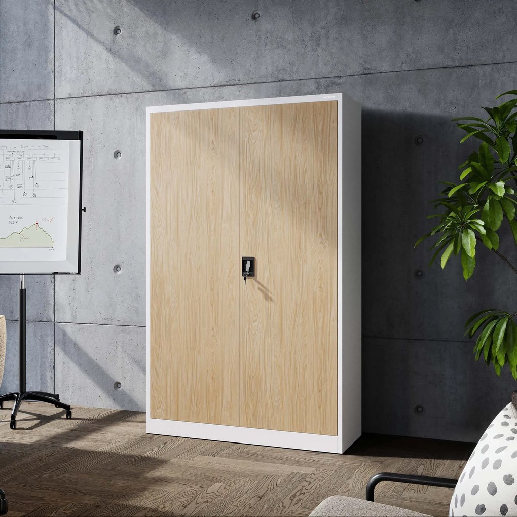 Kancelárska kovová skrinka na dokumenty JAN II, Eco Design: biela/dub sonoma