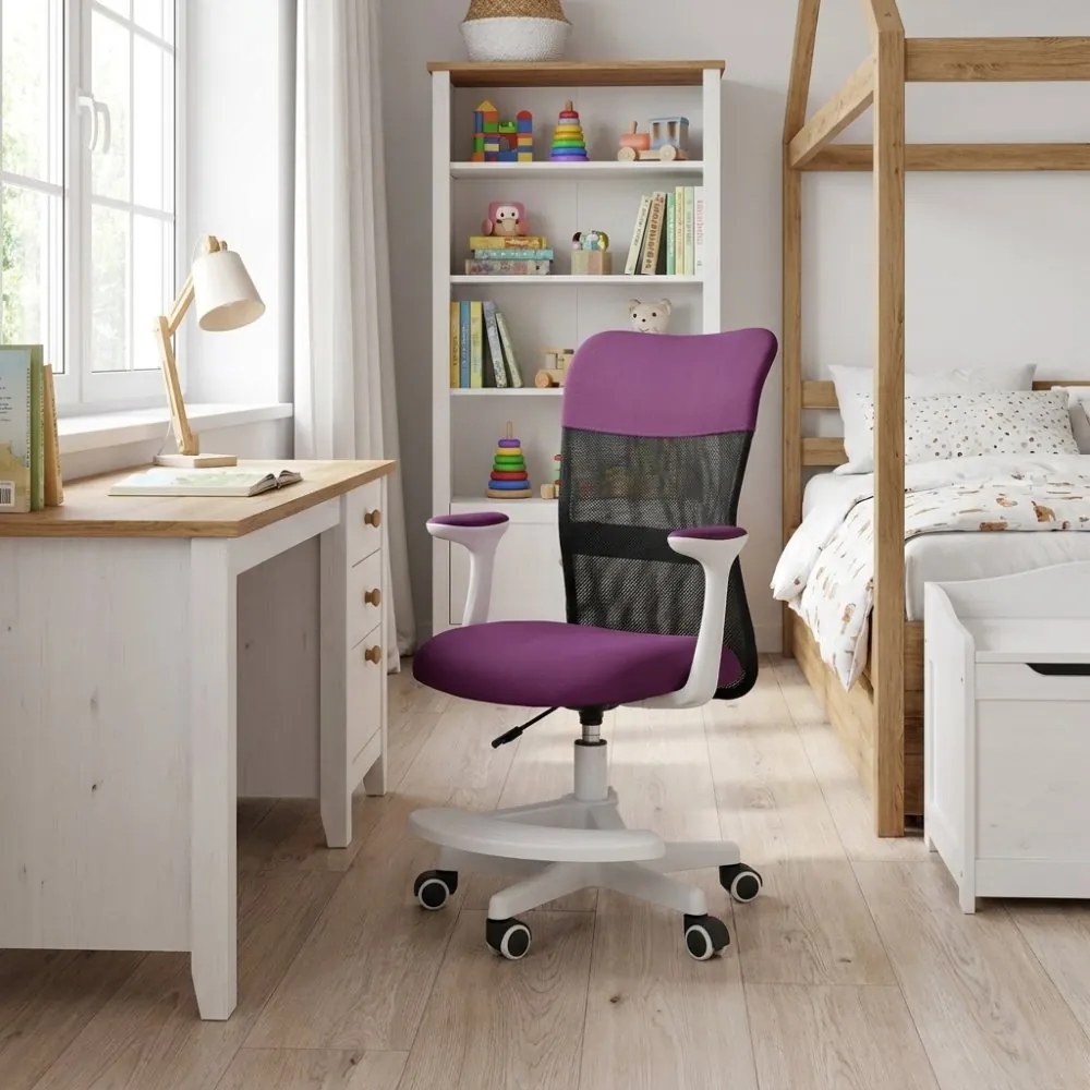 Detská stolička Neoseat MONKEY WHITE s podnožou — látka, biela / fialová