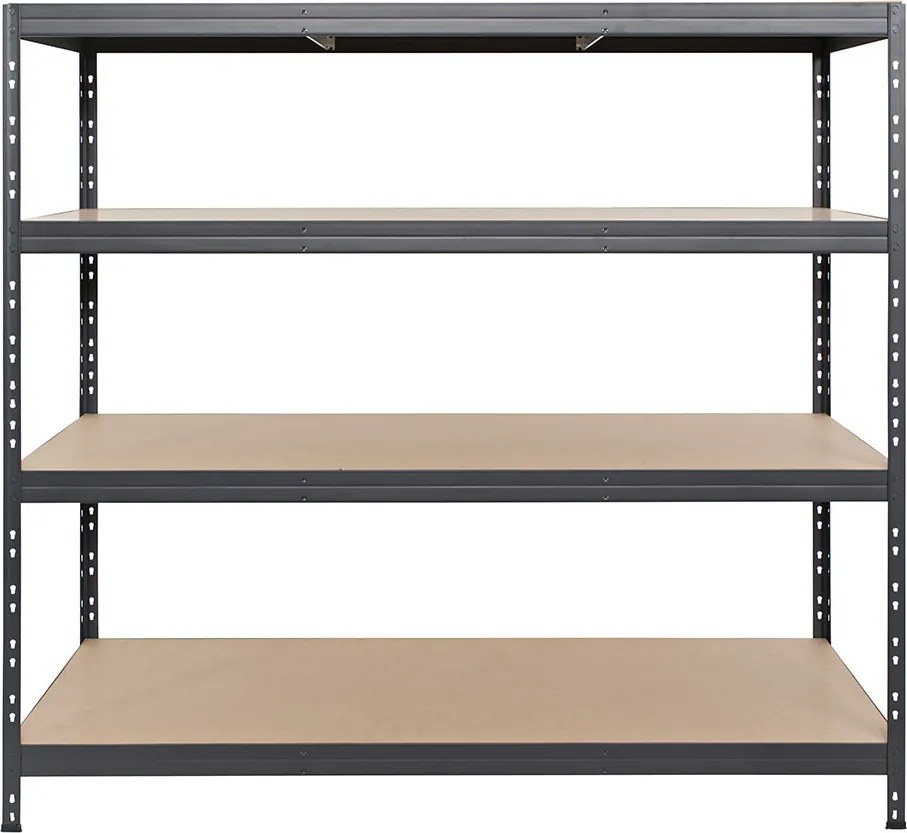 Bezskrutkový kovový regál RIVET, 180x180x60 cm, 4x HDF polica, antracitová sivá