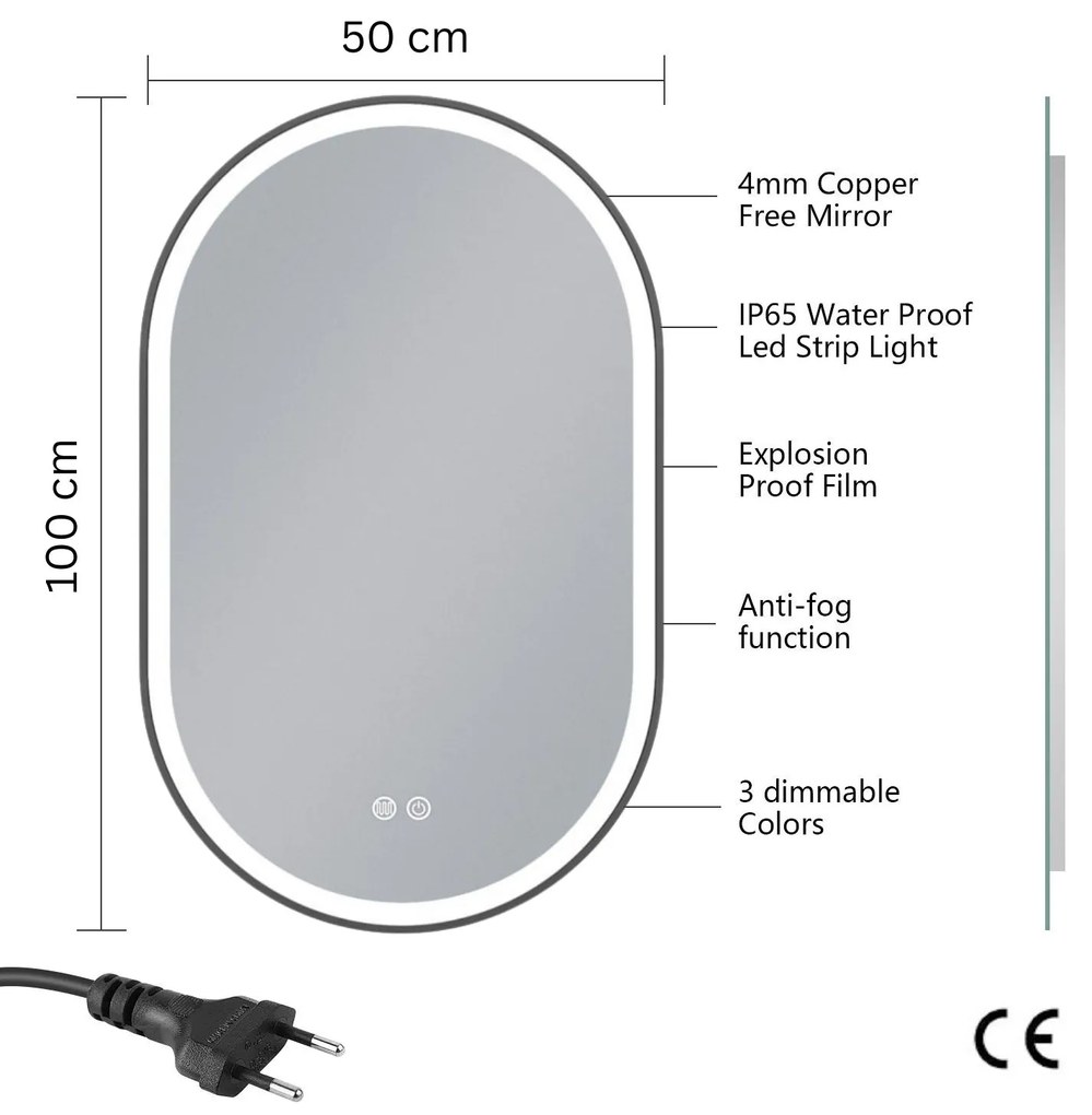 Erga Gwen, oválne LED zrkadlo 50x100cm v čiernom kovovom ráme, 3 farby svetla, predné osvetlenie, vyhrievacia podložka proti zapareniu, ERG-V01-GWEN-5010-BK