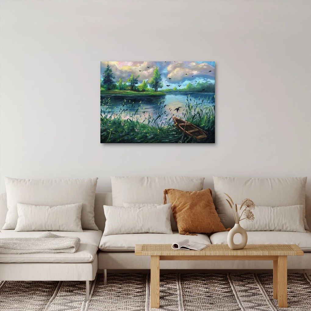 Obraz - Olejomaľba, Letný podvečer pri jazere (70x50 cm)