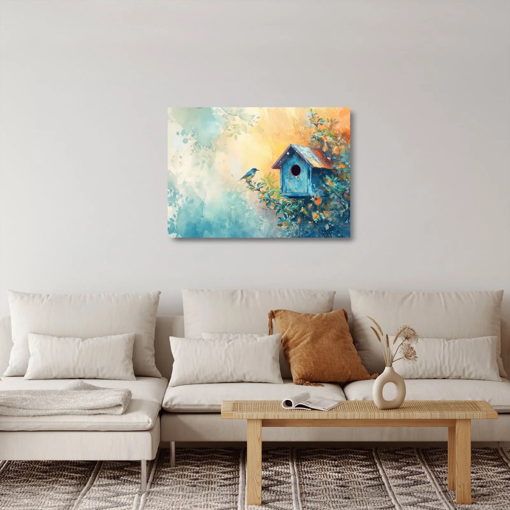 Sklenený obraz - Vtáčia búdka, akvarel (70x50 cm)