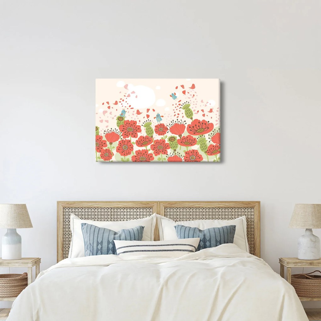 Obraz - Vtáčiky na rozkvitnutej lúke (90x60 cm)