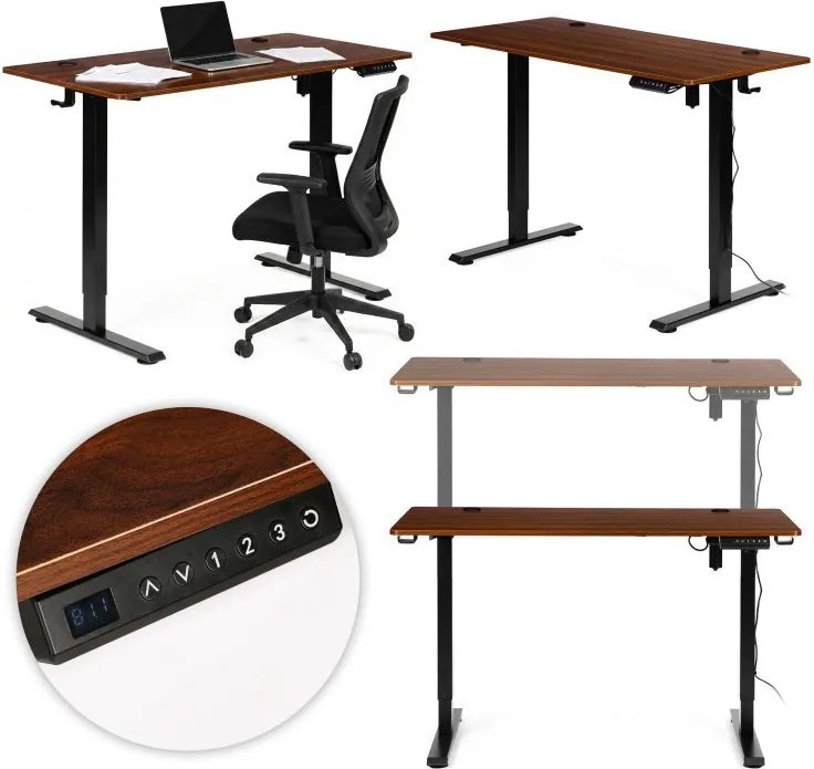 Elektrický nastaviteľný stôl 140 x 70 cm, nastaviteľná výška 76-121cm, hnedý s čiernymi nohami