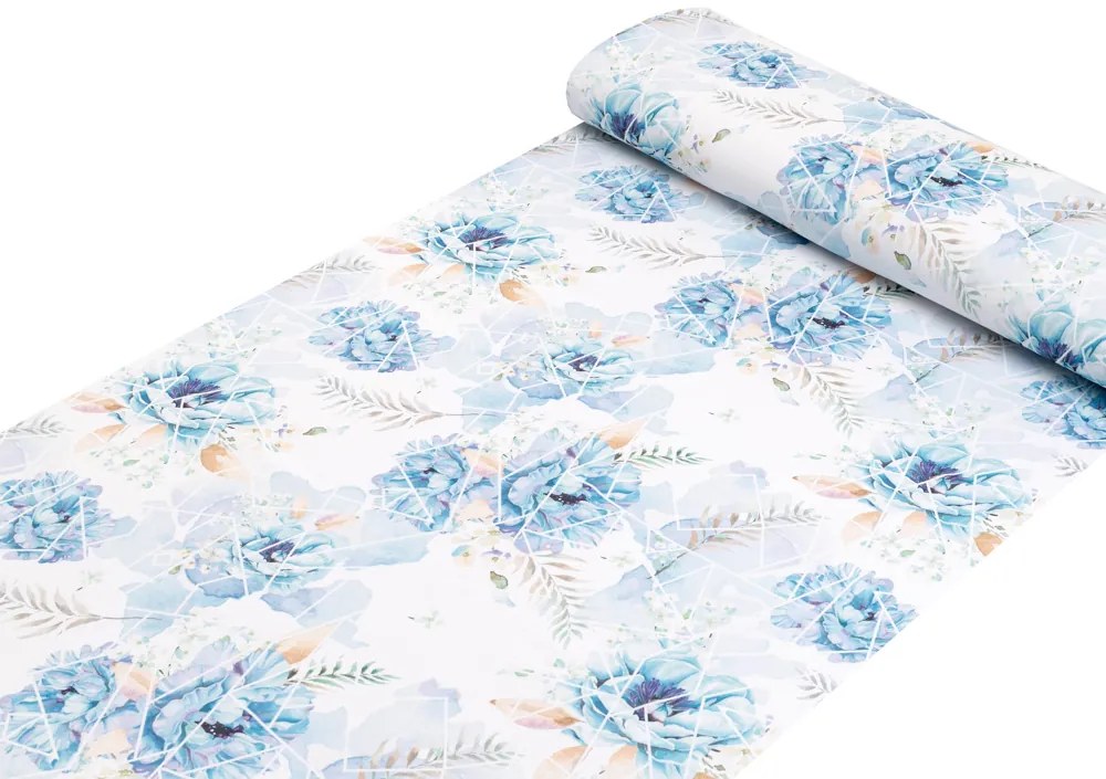Biante Teflónový behúň na stôl TF-087 Modré kvety na geometrickom bielom 35x120 cm