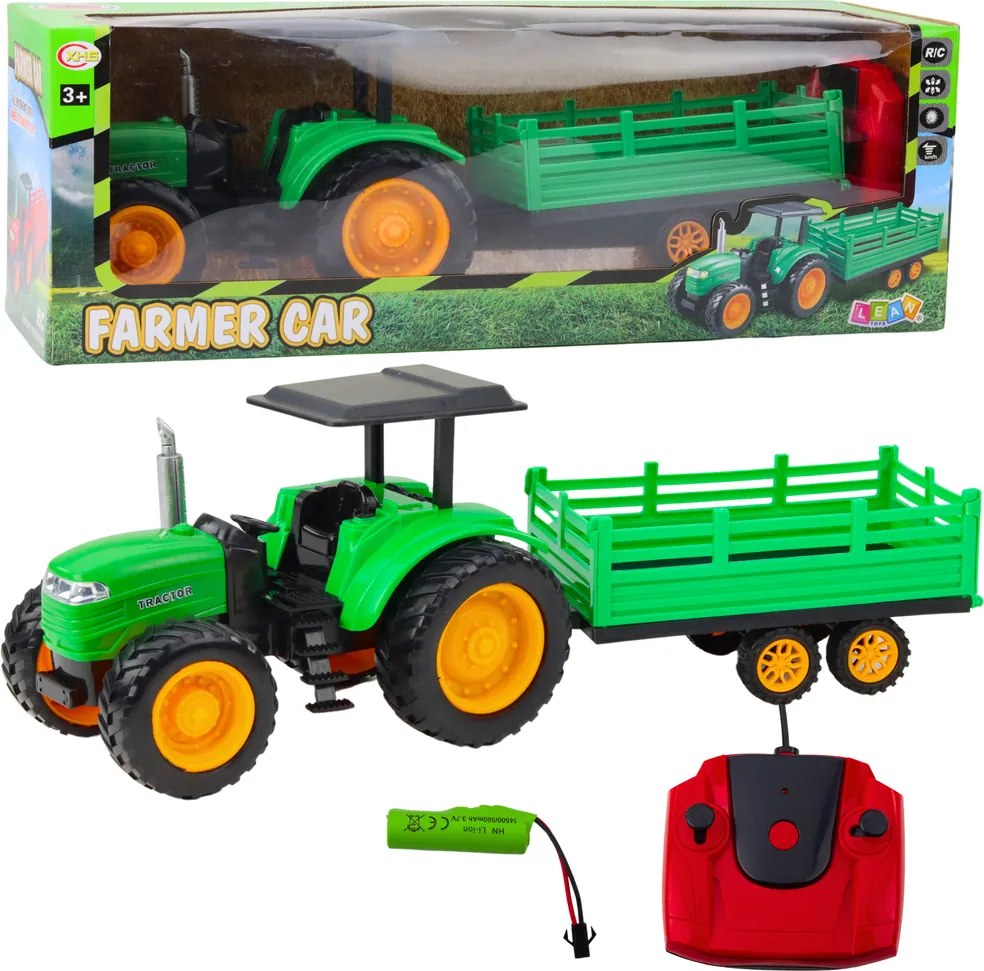 LEAN Toys Poľnohospodársky traktor s prívesom, diaľkovo ovládaný RC, zelený