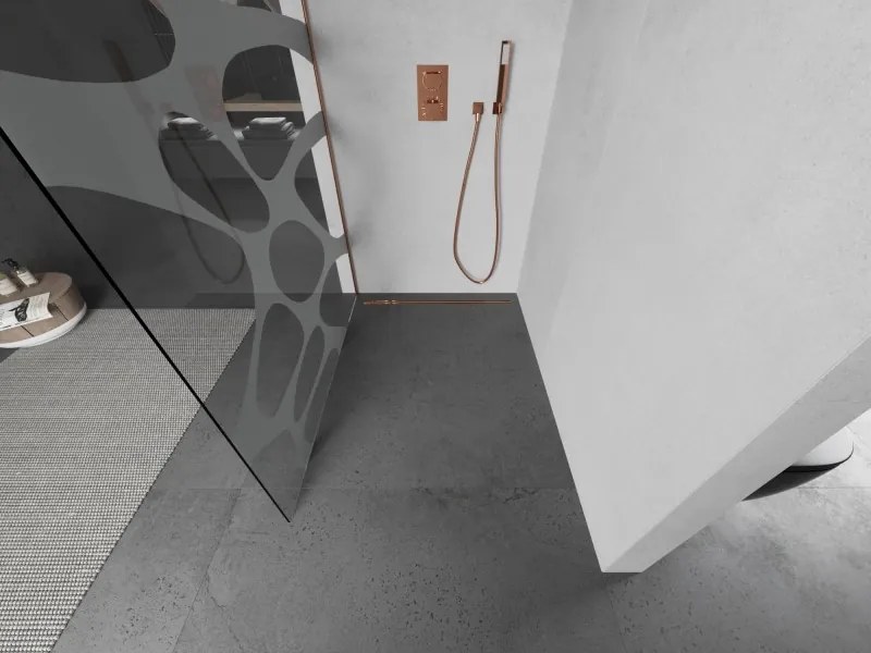 Mexen Kioto, sprchová zástena Walk-In 140 x 200 cm, 8mm číre sklo biely vzor, medený matný profil, 800-140-101-65-97