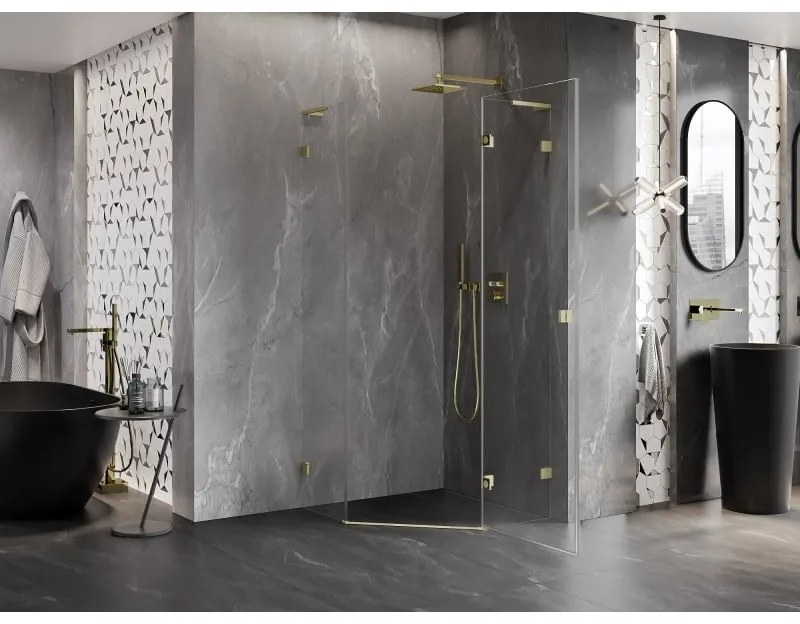 Mexen Lunar, L päťuholníkový sprchový kút s pravým sklonom 90 x 90 cm, 8mm číre sklo, zlatý matný profil, 831L-090P-090L-55-00-P