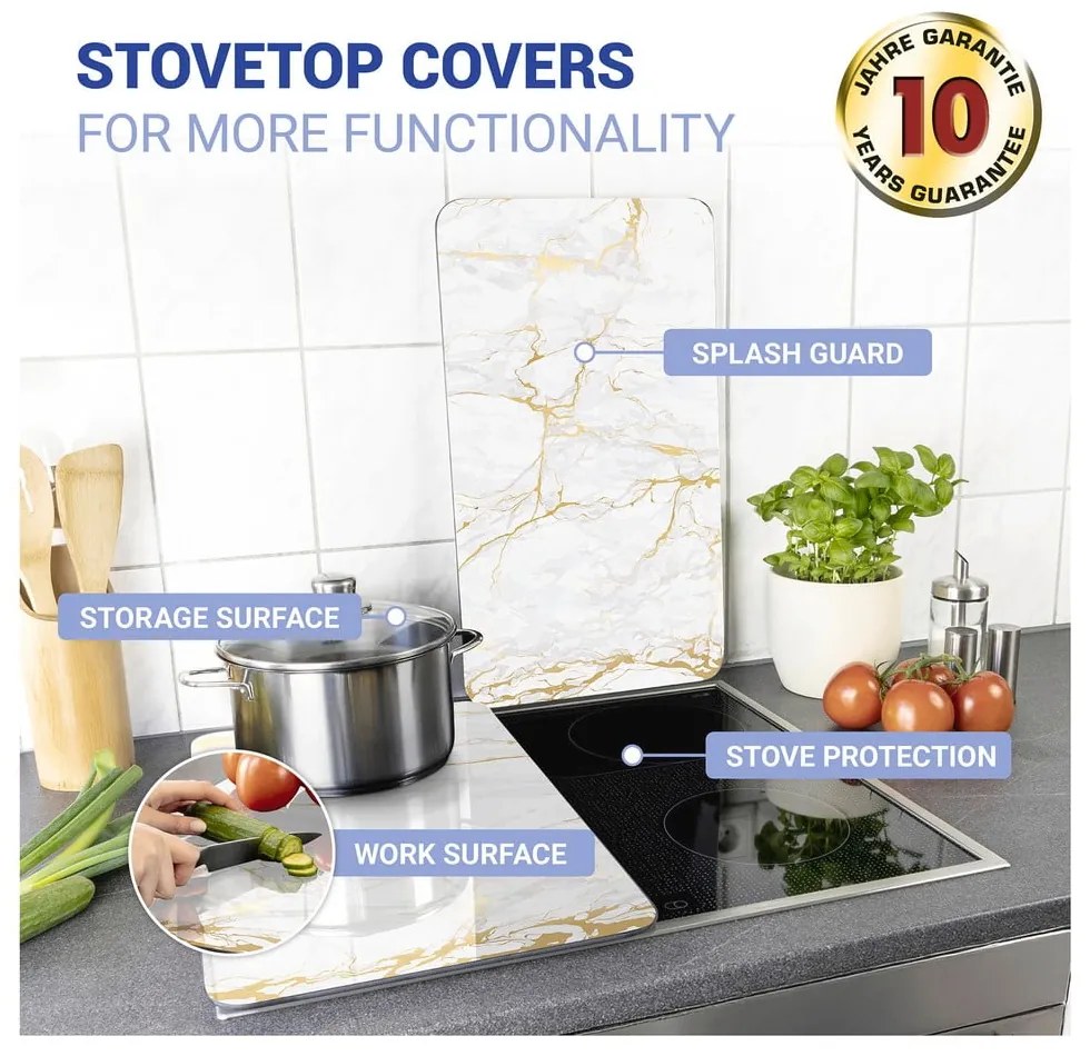 Sada 2 sklenených krytov na sporák v bielo-zlatej farbe Wenko Marble, 52 x 30 cm