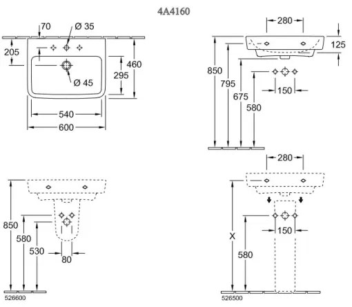 Villeroy & Boch 4A416001 - Závesné umývadlo O.NOVO 60x46 cm keramika/biela