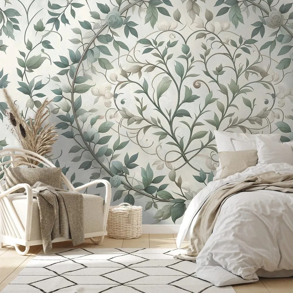 Samolepiaca tapeta elegantné zelené listy s kvetmi