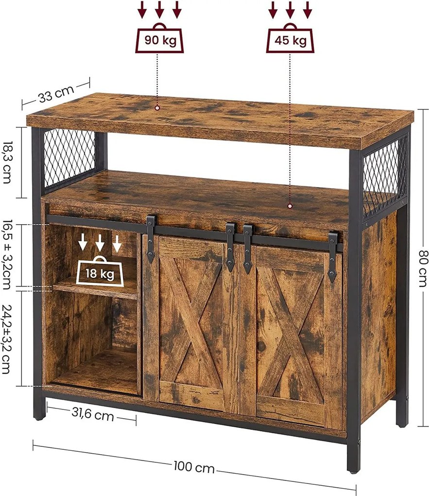 Príborník, Jedálenská skrinka, s posuvnými dvierkami, 33 x 100 x 80 cm, rustikálna hnedá