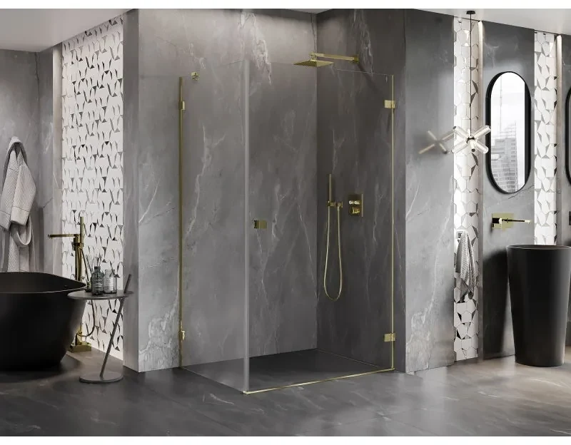 Mexen Lunar-B, pravostranný výklopný sprchový kút 100 x 90 cm, 8mm číre sklo, zlatý profil, 832-100-090-50-00-P